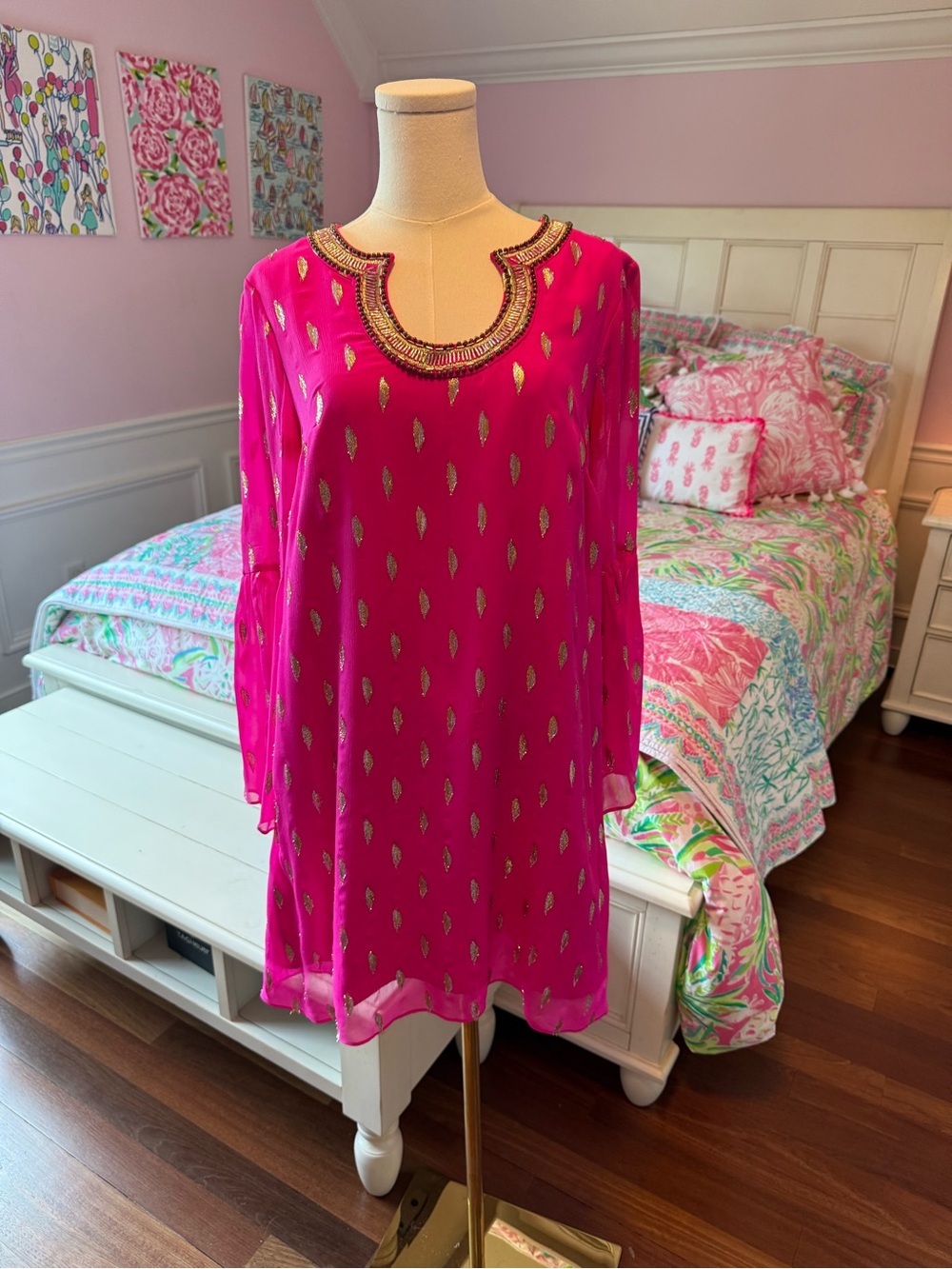 Beautiful Lilly Pulitzer Hot Pink Embellished Neck Tunic